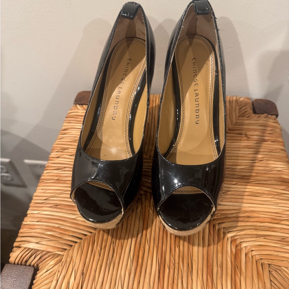 Chinese Laundry Glossy Black Peep Toe Heels